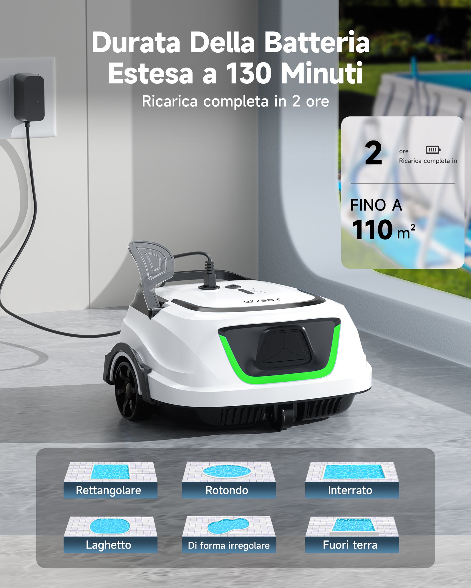 WYBOT A1max Robot Piscina Inalámbrico, Autonomía 130 Min, Doble Tamiz, Limpia Piscinas Sobre Suelo Planas Hasta 110 M², Limpiafondos Piscina Automático,Verde Bianco Latte