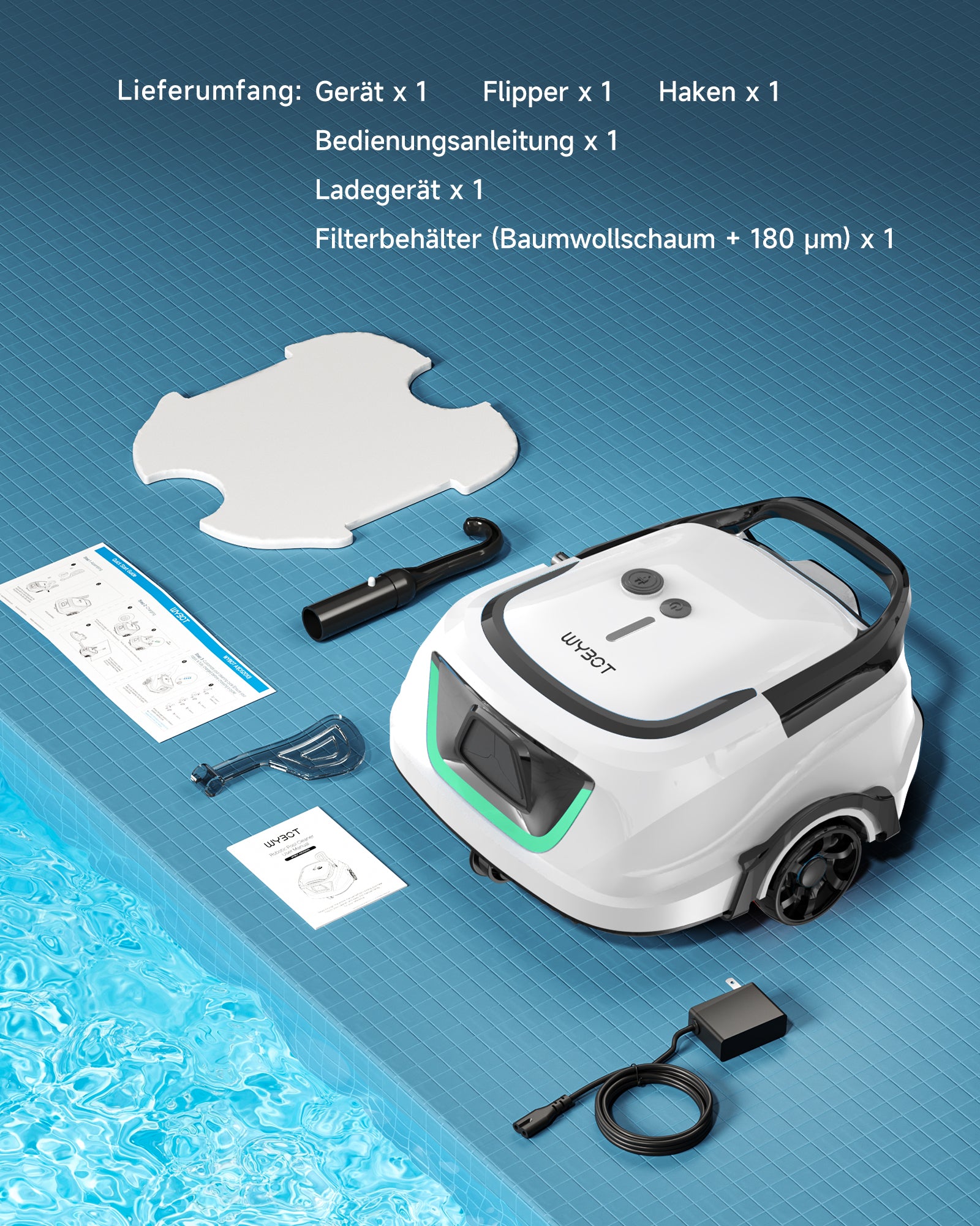 WYBOT A1max Kabelloser Poolroboter, Poolroboter Akku 130 Min Laufzeit, Doppelsiebe, Reinigt Flache Aufstellpools Bis 110 M², Ideal für Poolroboter für Aufstellpool,Milchweißgrün
