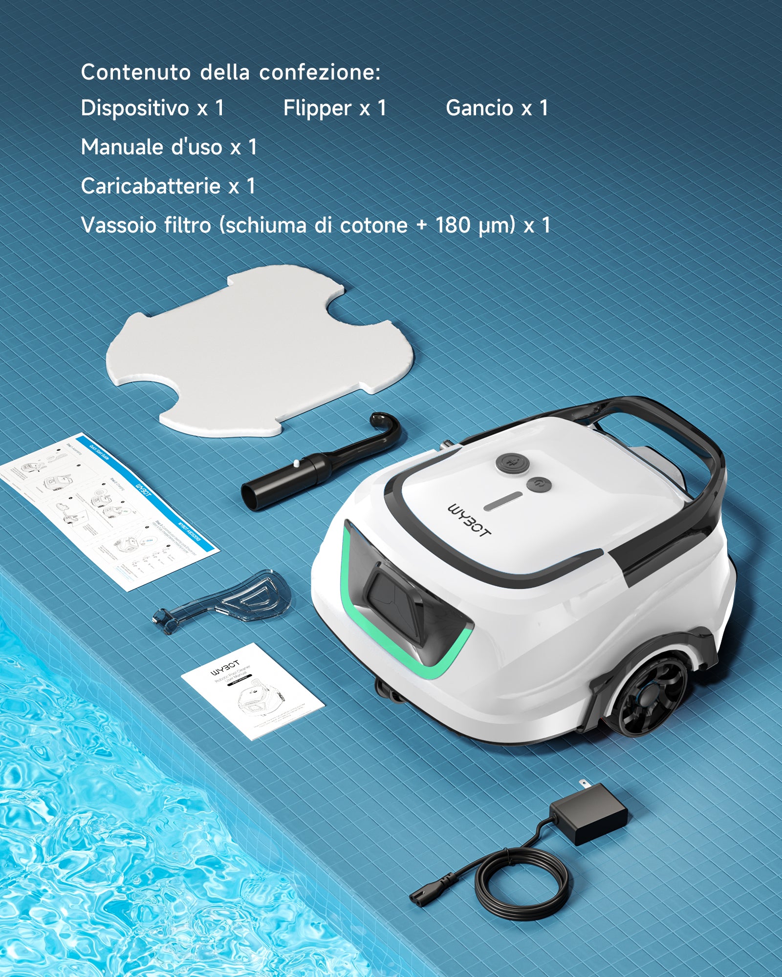WYBOT A1max Robot Piscina Inalámbrico, Autonomía 130 Min, Doble Tamiz, Limpia Piscinas Sobre Suelo Planas Hasta 110 M², Limpiafondos Piscina Automático,Verde Bianco Latte