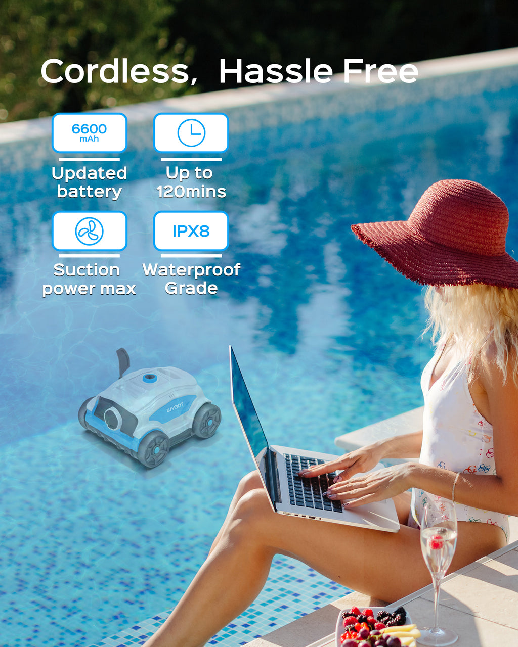WYBOT Osprey 300II Robot Piscine, Aspirateur Piscine sans Fil avec Batterie,Stationnement Automatique,Nettoyeur Piscine pour Piscines Hors Sol 100 m²,Buse Réglable,120 Min (Blanc Bleu)