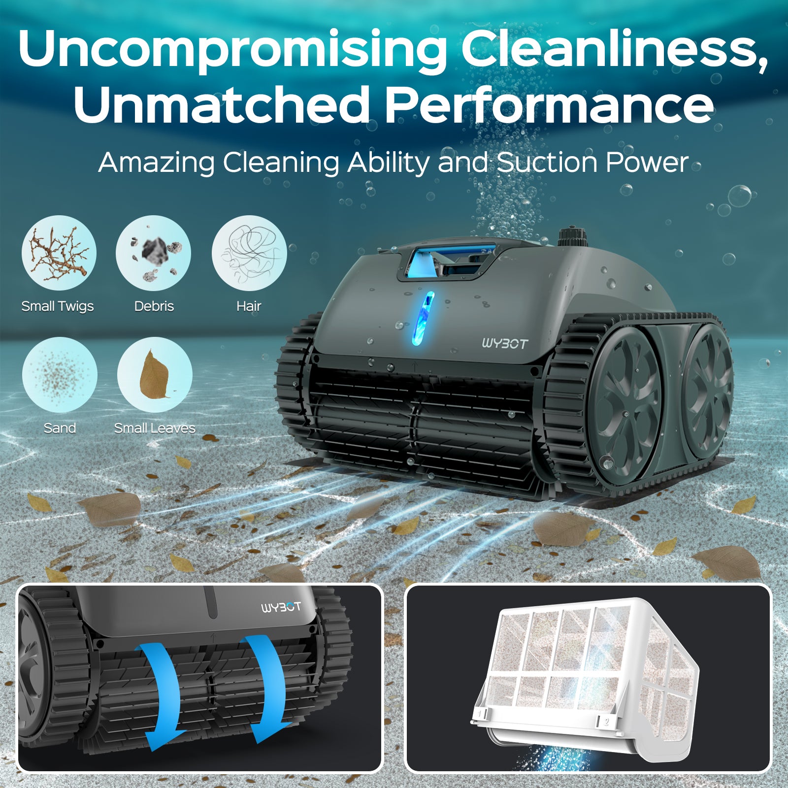WYBOT OS7010 Max Robot Piscine Fond et Parois avec App, 210 Minutes Aspirateur Piscine, Robot Piscine sans Fil à Moteur 65 W, Cycle de Nettoyage, Grimpe mur & Ligne d'eau,Jusqu'à 200㎡ (Gris foncé)