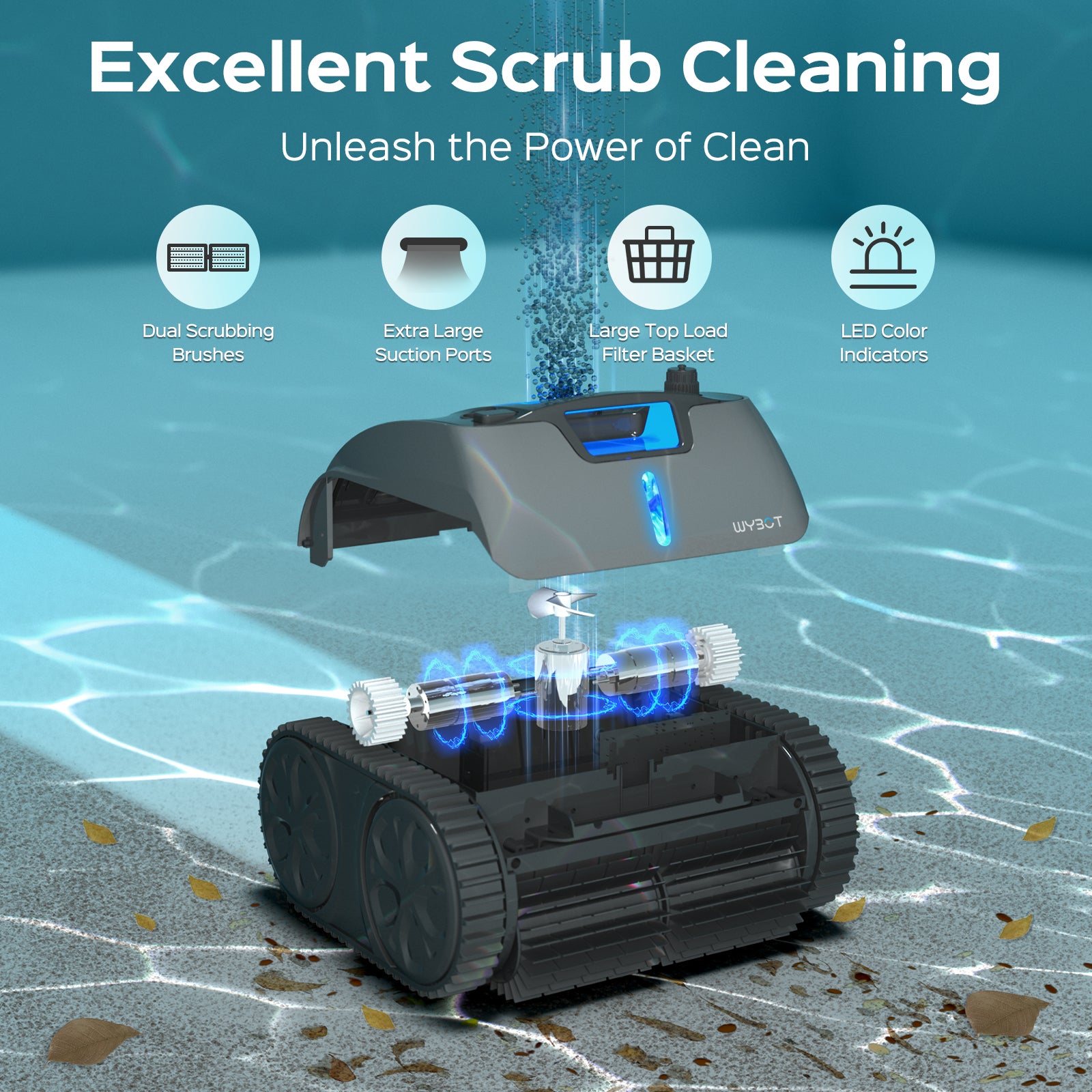 WYBOT OS7010 Max Robot Piscine Fond et Parois avec App, 210 Minutes Aspirateur Piscine, Robot Piscine sans Fil à Moteur 65 W, Cycle de Nettoyage, Grimpe mur & Ligne d'eau,Jusqu'à 200㎡ (Gris foncé)