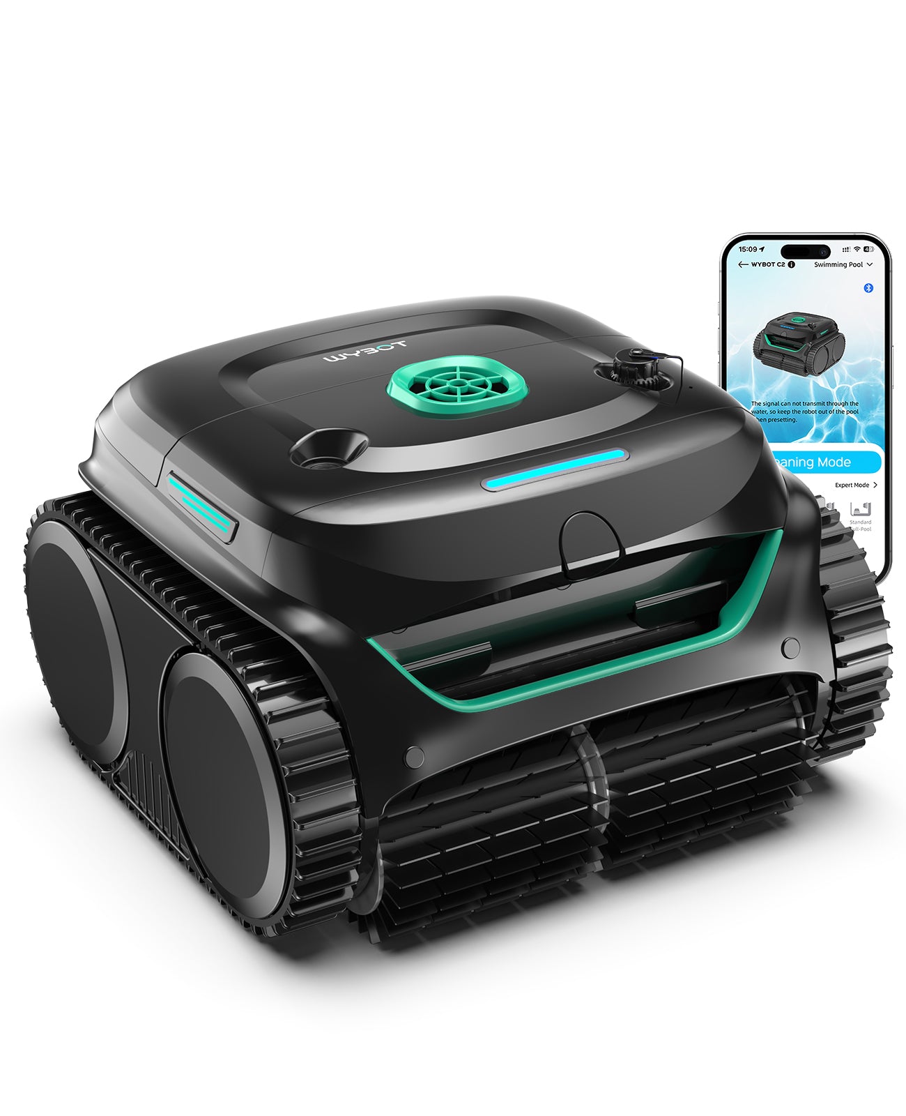 WYBOT C2 Limpiafondos Piscina Robot Inalámbrico, 3 Motores, Doble Filtración, Limpieza Paredes y Línea de Agua, Autonomía 180 Min, para Piscinas Enterradas Hasta 150㎡, App(Verde carbón-Verde)