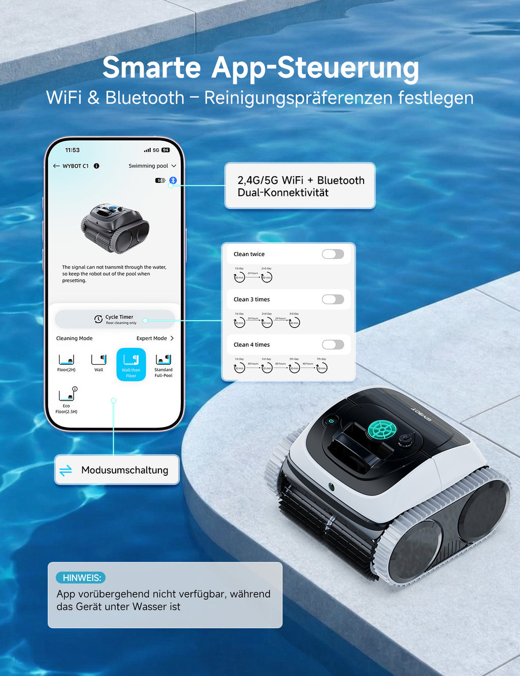 WYBOT Poolroboter C1-P: 4-in-1 kabelloser Poolsauger (poolroboter akku Wand und Boden) mit starker Saugkraft, 5 Modi, Navigation&App, für Pools bis 155m² – Frostnachtgrün