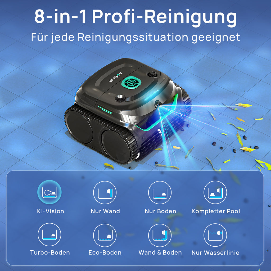 WYBOT C2 Vision PLUS AI Kamera Kabelloser poolroboter, poolroboter akku wand und bode: starke Saugkraft, Doppelfilter, 8 Reinigungsmodi, für unterirdische Pools 210 m² – Mitternachtsgrün