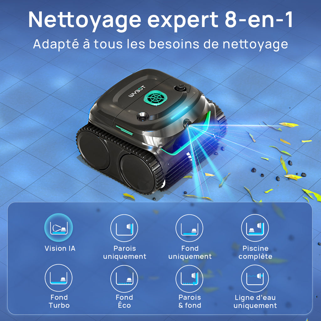 WYBOT C2 Vision Plus Robot de Piscine sans Fil avec caméra IA, Robot Batterie parois et Fond : Aspiration puissante, Double Filtre, 8 Modes, pour piscines enterrées 210 m² – Vert Minuit