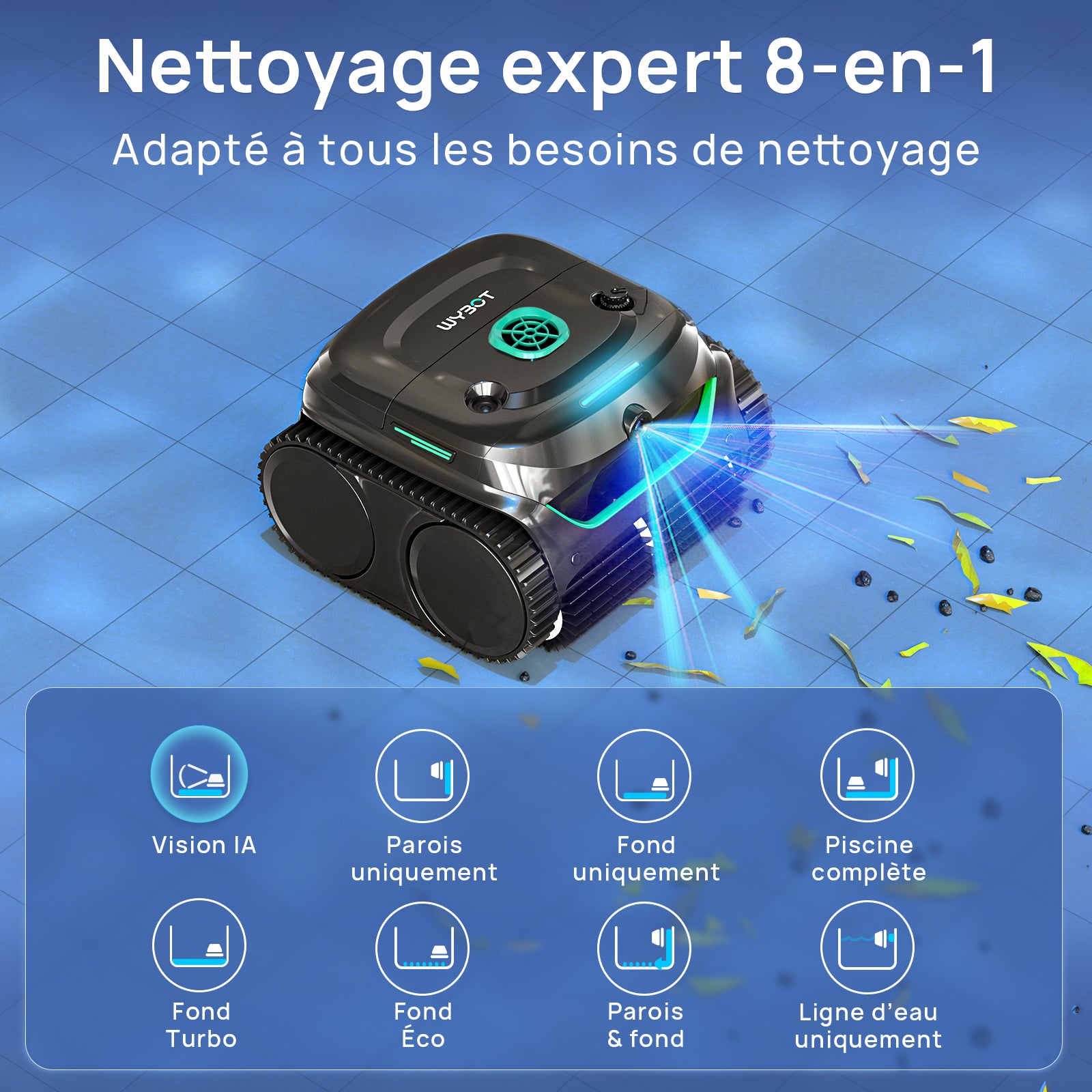 WYBOT C2 Vision Plus Robot de Piscine sans Fil avec caméra IA, Robot Batterie parois et Fond : Aspiration puissante, Double Filtre, 8 Modes, pour piscines enterrées 210 m² – Vert Minuit