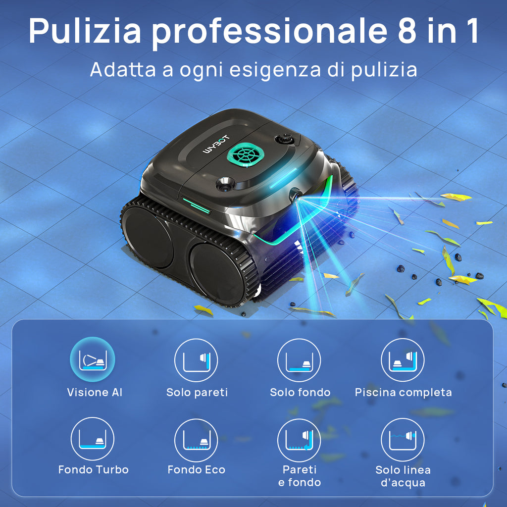 WYBOT C2 Vision Plus Robot Piscina Senza Fili con Telecamera IA, Robot Batteria pareti e Fondo: Potente aspirazione, Doppio Filtro, 8 modalità, per Piscine interrate 210 m² – Verde Mezzanotte