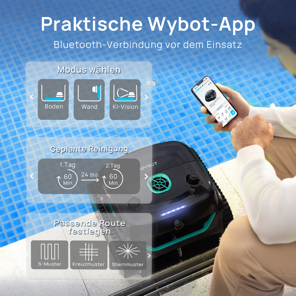WYBOT C2 Vision PLUS AI Kamera Kabelloser poolroboter, poolroboter akku wand und bode: starke Saugkraft, Doppelfilter, 8 Reinigungsmodi, für unterirdische Pools 210 m² – Mitternachtsgrün