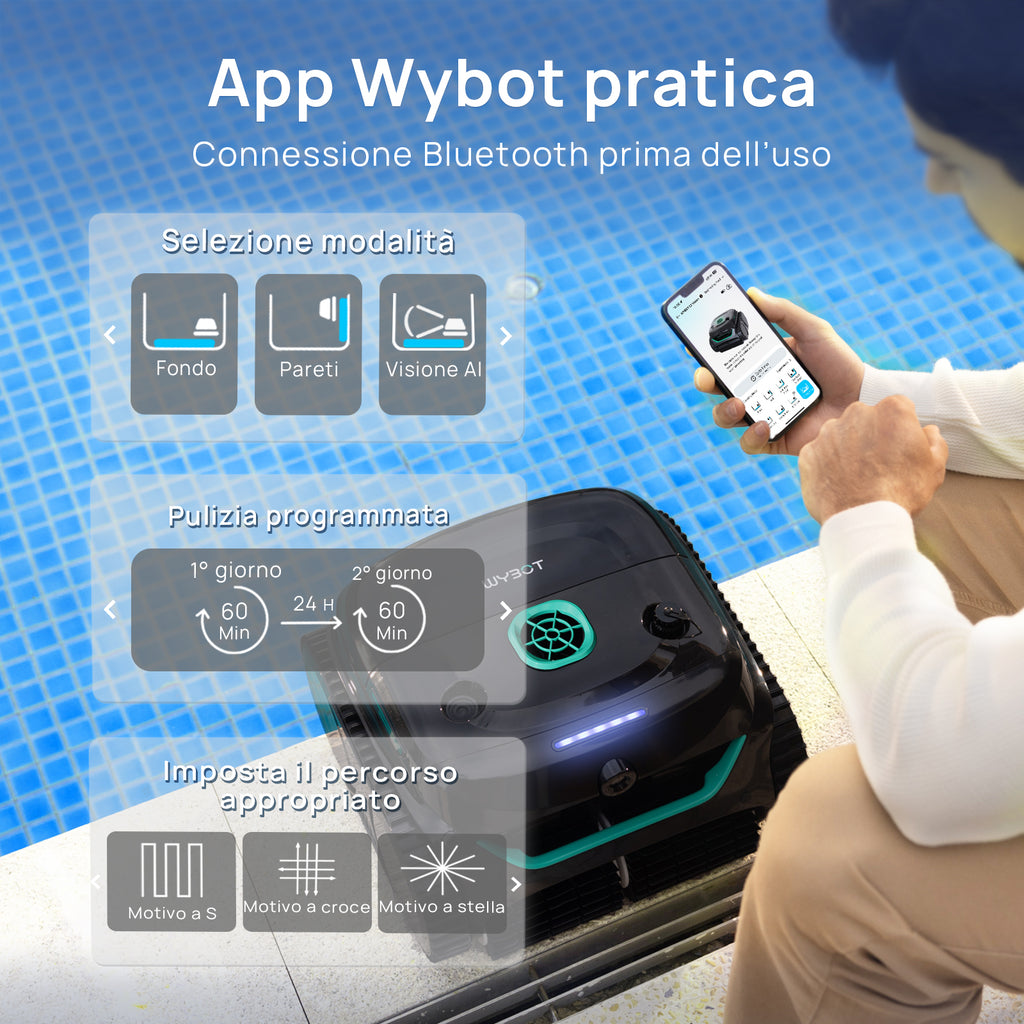 WYBOT C2 Vision Plus Robot Piscina Senza Fili con Telecamera IA, Robot Batteria pareti e Fondo: Potente aspirazione, Doppio Filtro, 8 modalità, per Piscine interrate 210 m² – Verde Mezzanotte