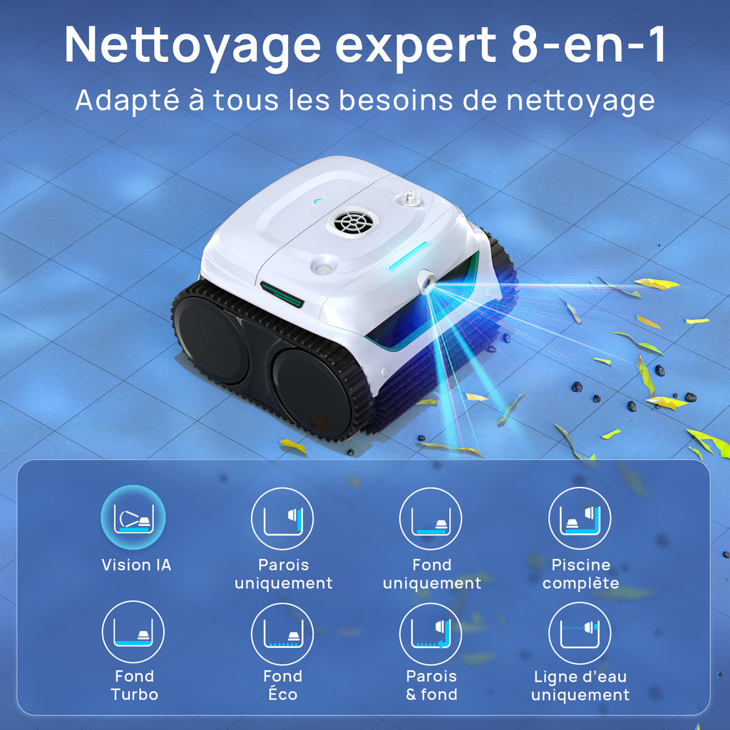 WYBOT C2 Vision Plus Robot de Piscine sans Fil avec caméra IA, Robot Batterie parois et Fond : Aspiration puissante, Double Filtre, 8 Modes, pour piscines enterrées 210 m² – Vert Plume de Givre