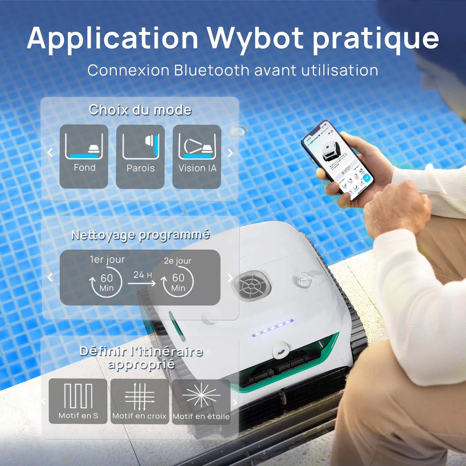 WYBOT C2 Vision Plus Robot de Piscine sans Fil avec caméra IA, Robot Batterie parois et Fond : Aspiration puissante, Double Filtre, 8 Modes, pour piscines enterrées 210 m² – Vert Plume de Givre
