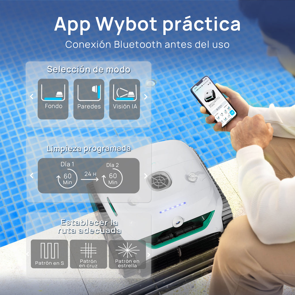 WYBOT C2 Vision Plus Robot de Piscina sin Cable con cámara IA, Robot batería Paredes y Fondo: Potente succión, Doble Filtro, 8 Modos, para Piscinas enterradas 210 m² – Verde Pluma de Escarcha