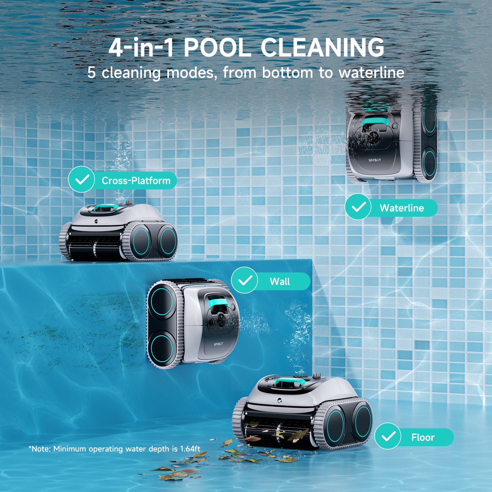 (2026 Upgarde) WYBOT C1 Cordless Robot Vacuum for Inground Pools, 4-in-1 Smart Pool Cleaner for Above Ground Pool up to 1,614 Sq.ft, Wall & Waterline Cleaning, 150 Mins Runtime - Grey with White